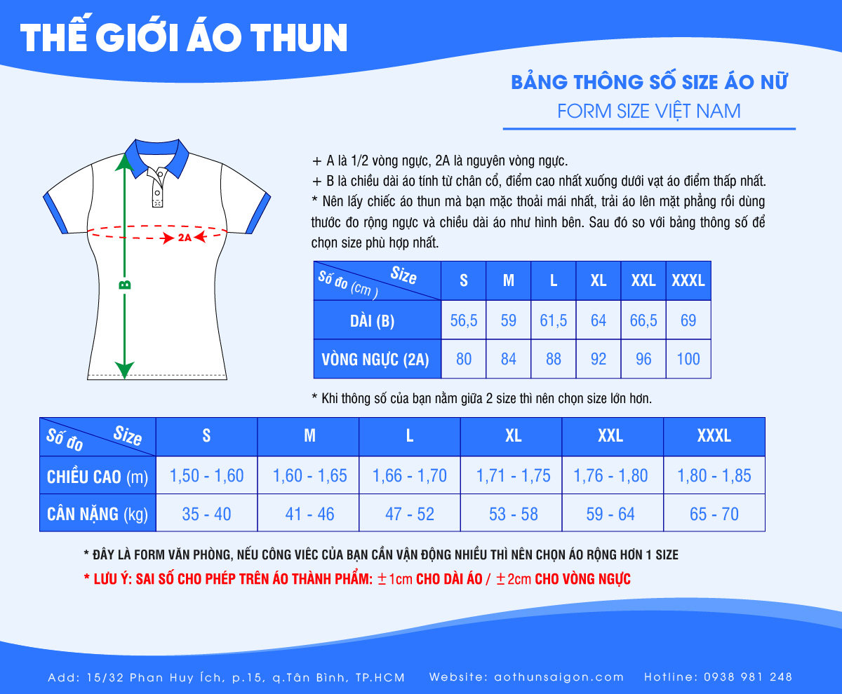 Bảng size thông số áo nữ Việt Nam